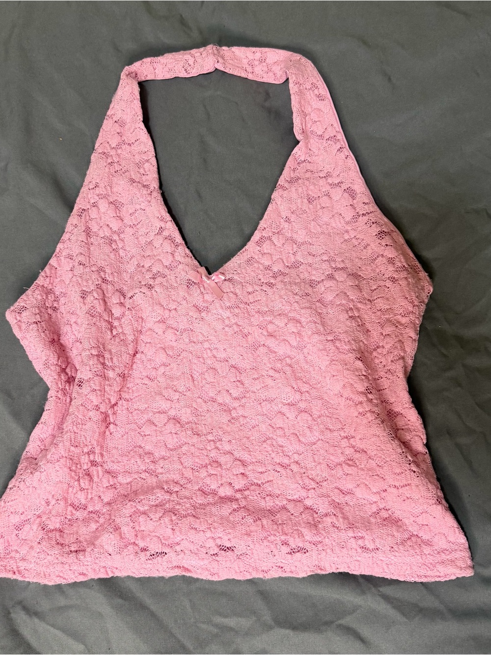 Faded Rose Pink Lace Coquette Cottagecore Preppy Halter Top w/ Pink Ribbon